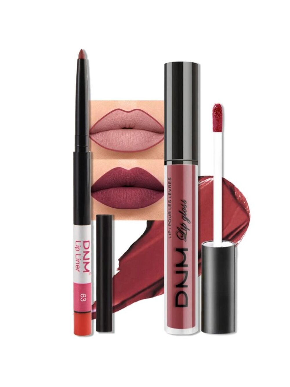 DNM 63# Burgundy Red 2Pcs 24H Long-Lasting Matte Liquid Lipstick and Lip Liner